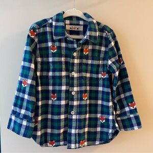 🦊Boden Kids Blue and Green Plaid Shirt with Fox Print